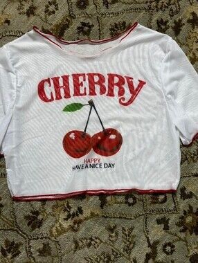 Cherry Graphic Crop Top - White & Red Women's Tee